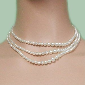 Vintage Cream 3 Strand Bead Fashion Necklace/ Choker w/ Gold Colored Hoo…